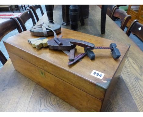 A PAIR OF FOLDING CAMPAIGN TYPE MIRRORS, A WOODEN AND METAL PUPPET, AND A WRITING BOX. 