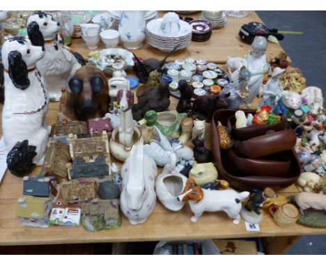 A COLLECTION OF CRUMMLES ENAMEL BOXES, A LLADRO FIGURINE, BESWICK AND OTHER FIGURINES, STAFFORDSHIRE TYPE DOGS ETC. 