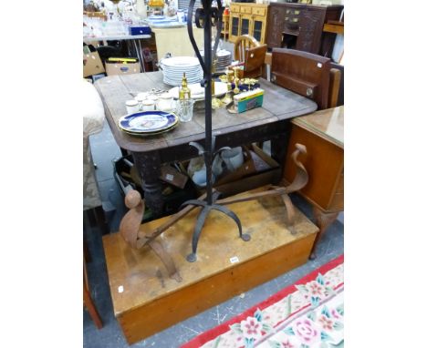 A VINTAGE PINE TRUNK, A PAIR OF FIRE DOGS ETC. 