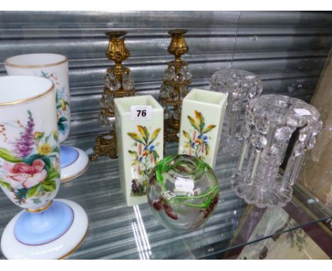 A PAIR OF CLEAR CUT GLASS CANDLE STICK LUSTRES, TWO PAIRS OF OPAQUE GLASS VASES, BRASS CANDLESTICKS, AND AN ART GLASS VASE.