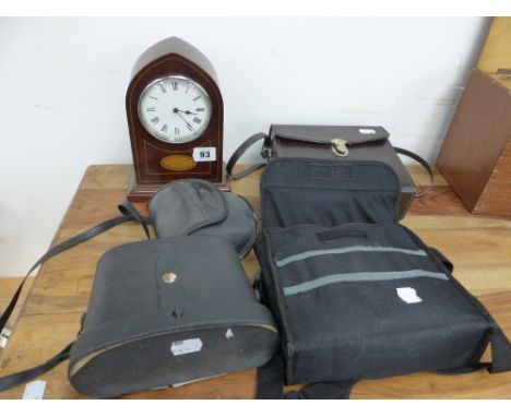 FOUR PAIRS OF MODERN BINOCULARS, AND AN EDWARDIAN INLAID MANTLE CLOCK. 