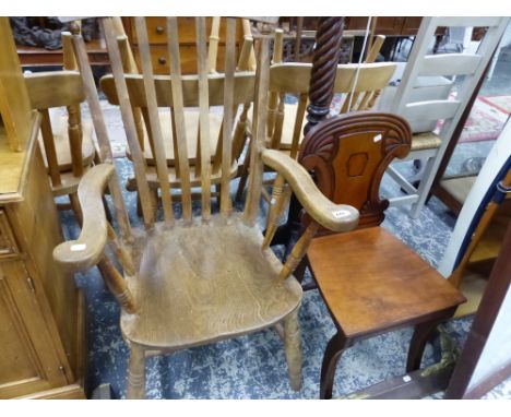 A WILLIAM IV HALL CHAIR AND A VICTORIAN SLAT BACK KITCHEN ARM CHAIR, TOGETHER WITH A FIRE FENDER AND A MAHOGANY STANDARD LAMP