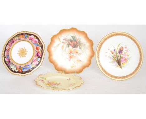 Four assorted 19th Century cabinet plates comprising a Royal Worcester floral example, a Royal Crown Derby petal edge plate, 