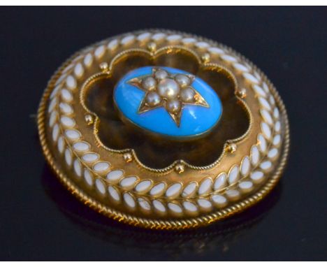A late Victorian split pearl, turquoise and enamel oval shaped pin brooch, the central domed oval turquoise panel with split 