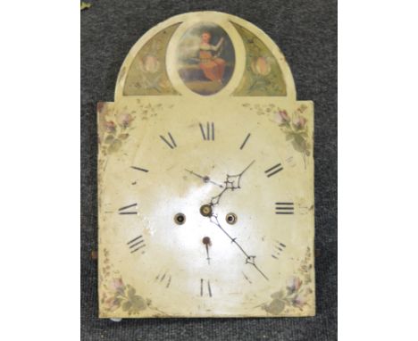 A 19th Century painted longcase clock movement, the arch decorated with an oval panel of a young girl with garland of flowers