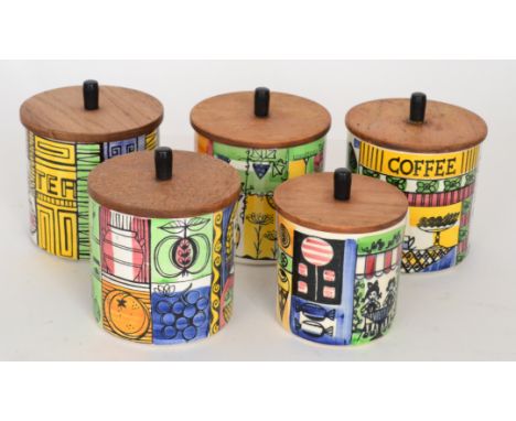 A set of five 1960s kitchen storage containers from the Go Gay range designed by Anita Nylund and made by JIE Gantofta compri