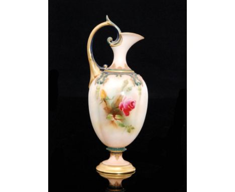 An early 20th Century Royal Worcester pedestal ewer panel decorated with pink and yellow roses, the neck with low relief deco