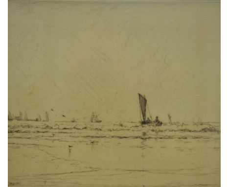 NELSON DAWSON (1859 - 1941) - A sailing boat and other vessels at sea, etching, signed with initials in the plate and dated 1