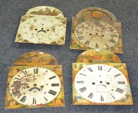 Four 19th Century painted longcase clock dials including a moon phase example by Cadwaller Roberts, Tremadoc (no movements) (