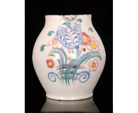 A 1930s Carter, Stabler and Adams Poole Pottery jug decorated in the AR pattern, painted by Vera Bridle with a stylised tulip