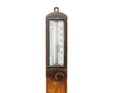 A Victorian oak stick barometer by Bailey Birmingham, white enamelled scale incorporating thermometer over champhered recesse