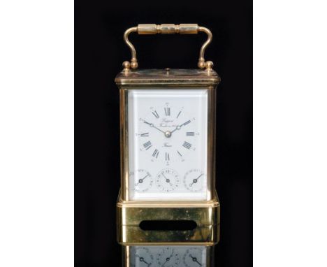 A 20th Century French calendar brass carriage clock with repeat, the white enamelled dial incorporating three subsidiary dial