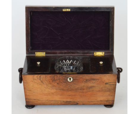 A 19th Century rosewood sargophical shaped tea caddy with associated glass mixing bowl, width 29cm