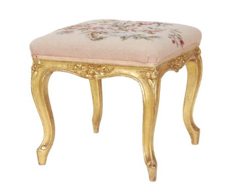 A 19th Century giltwood stool, the square tapestry embroidered seat above carved cabriole legs, width 42cm