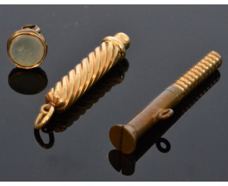 A yellow metal propelling pencil fob, the wrythen outer case with loop pendant, extending to reveal pencil stamped S. Mordan 