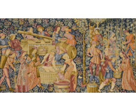 A 20th Century Medieval style tapestry panel depicting a scene of figures wine making and harvesting grapes, 72cm x 121cm