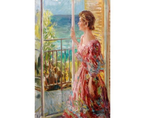 FREDERIC JOHN STREVENS (1902 - 1990) - Portrait of a lady standing at a window, oil on board, signed, framed, 75cm x 48cm