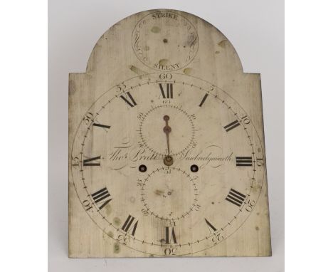 A 19th Century silvered longcase clock dial and movement by Thomas Pratt Sawbridgeworth with eight day striking movement.