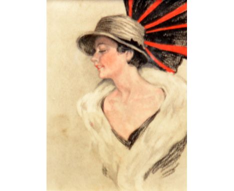 ENGLISH SCHOOL (EARLY 20TH CENTURY) - Portrait of a 1920s lady wearing a cloche hat and white fur stole, mixed media, framed,