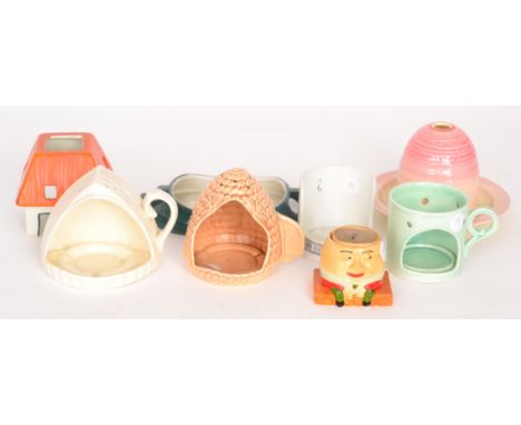 A later 1930s Clarice Cliff night light holder with a shallow circular saucer and domed beehive form shade decorated in a gra