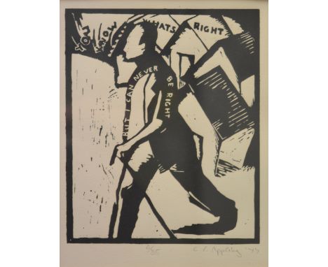 C.L.APPLEBY (CONTEMPORARY) - You know what's right, woodcut, signed in pencil and dated (19)77, numbered 6/35, framed, 26cm x