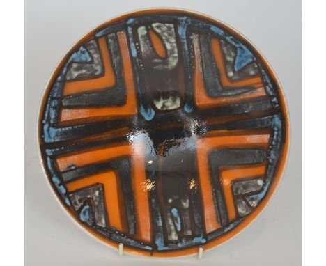 A Poole Pottery Delphis bowl by Carol Cutler decorated with a central cross motif with chevron motifs within each corner in b