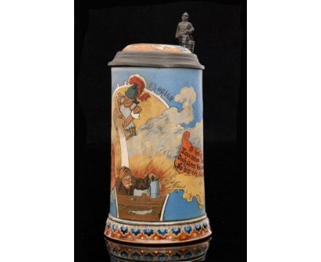A 20th Century Mettlach stein designed by Heinrich Schlitt decorated with an incised scene of a gladiator or St Florian pouri