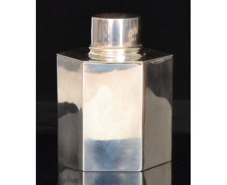 A George V hallmarked silver hexagonal tea caddy with pull off cover, height 9.5cm, weight 4.8oz, Birmingham 1920 A & J Zimme