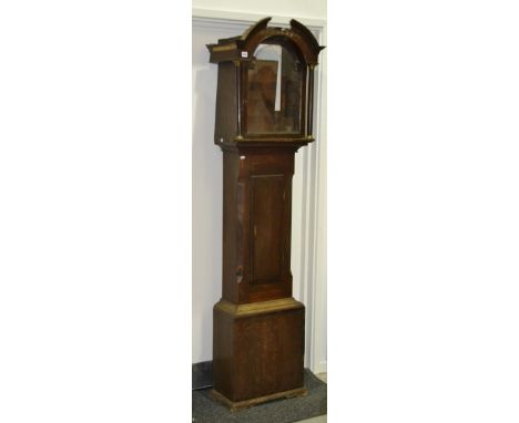 A 19th Century oak and mahogany crossbanded longcase clock with painted floral dial and eight day striking movement enclosed 