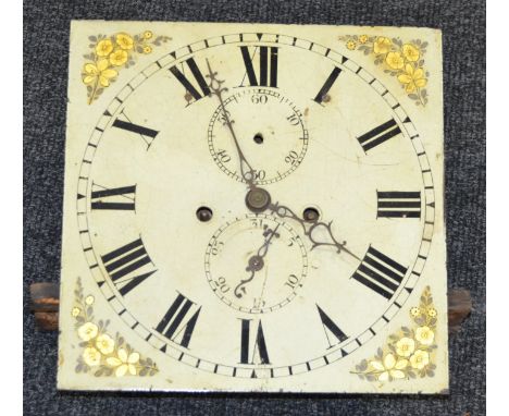 A 19th Century painted longcase clock dial with eight day striking movement subsidiary seconds and date dial, gilt floral spa