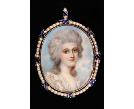 Follower of Richard Cosway RA (1742 - 1840). An oval portrait miniature of a lady with lightly powdered hair falling to her s