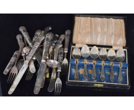 A part set of William IV hallmarked silver Queens pattern dessert knives and forks comprising of six forks and five knives, S