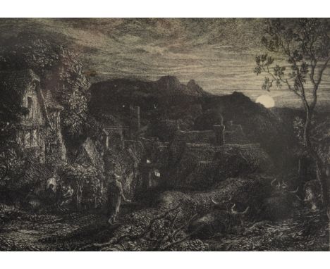 AFTER SAMUEL PALMER - The Weary Ploughman, etching, bears stamped signature, framed, 17cm x 23cm also one other after the sam