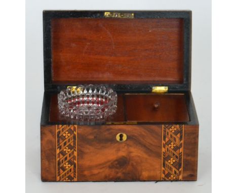 A Victorian figured walnut domed top Tunbridgeware style tea caddy fitted with a single division and glass mixing bowl, diame