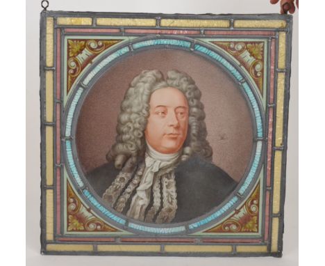 A 19th Century coloured leaded light painted panel of an 18th Century gentleman possibly a judge, within a circular border, 4