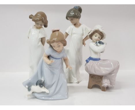 4 NAO BY LLADRO FIGURES INCLUDES GIRLS IN NIGHT DRESSES AND GIRLS WITH PUPPY DOG, ALL IN ORIGINAL BOXES