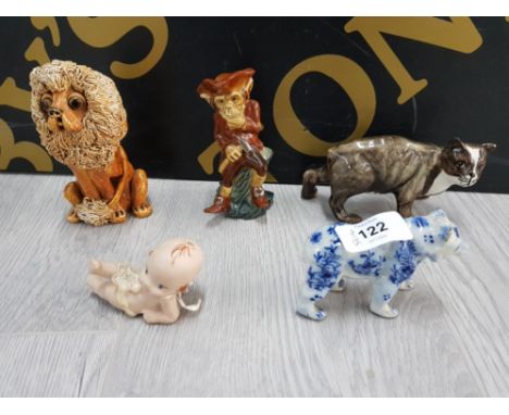 YARE POTTERY SEATED LION A DELFT POTTERY POLAR BEAR&nbsp;KEWPIE TYPE PIANO BABY A RUSHTON POTTERY MANX CAT AND WADE POTTERY C