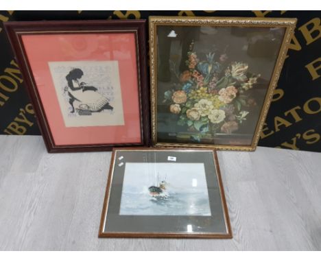 A WATERCOLOUR BY JAMES A CHARLTON A COLOUR PRINT AND A SAMPLER DATED 1996