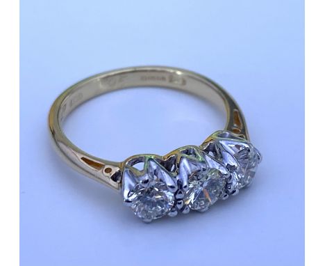 A Certificated 18ct white and yellow gold 3 stone RBC diamond ring, 0.95ct