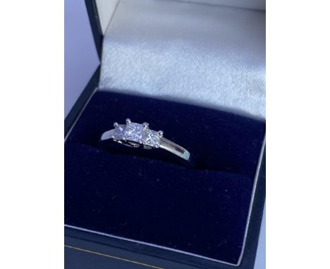 An 18ct white gold graduated 3 stone Princess cut diamond ring, 0.52ct.