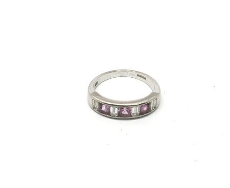 An 18ct white gold, diamond and pink sapphire ring, approx size N and approx 4.4g.