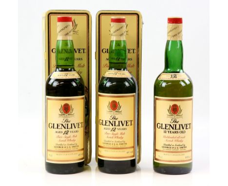 Three bottles Glenlivet 12 year old single malt scotch whisky, 75 cl.   