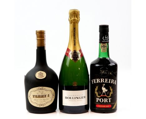 One bottle of Bollinger champagne special cuvee brut, one bottle Ferreira Ruby Port, one bottle Terry I Gran Reserva Brandy (