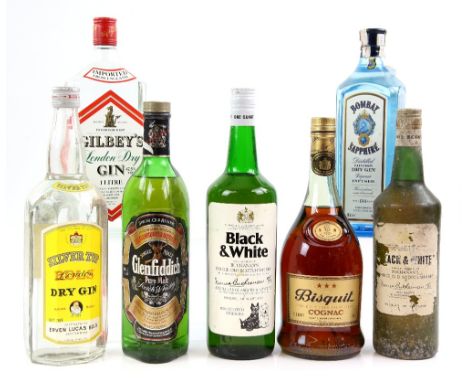Mixed lot of spirits to include, 2 bottles Black &amp; White Scotch whisky, Gin and Cognac, (7).   