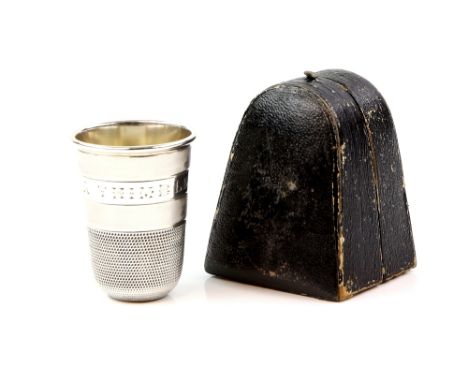 Victorian silver spirit measure in the form of a large thimble, by Colen Hewer Cheshire, Birmingham 1891, engraved Just A Thi