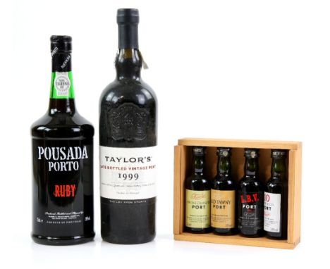 One bottle of Taylor's 1999 vintage late bottled port, one bottle of Pousada Porto Ruby Port, one Miniature Port Collection c