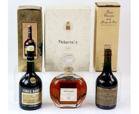 Delamain Xo Cognac 700ml, la Grange du Bois 700ml, Three Barrels five star 700ml, all boxed (3).   