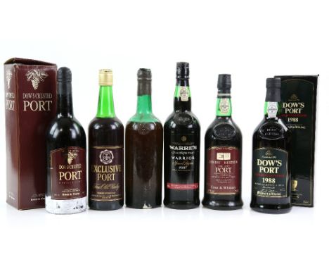 Six bottles of port to include: One bottle of Dow's Port 1988 late bottled vintage, selected for Ernst &amp; Young, 75cl, box