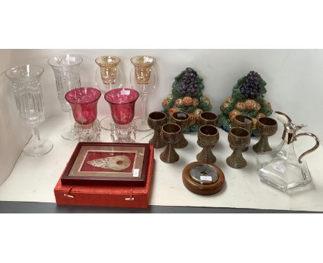 Quantity of various glassware and china to include, glass candle holders(some chips) glass lustres, glass and plated hinged j