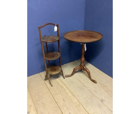 Small Georgian mahogany tripod table and an Edwardian walnut folding 3 tier cake stand 92 cm H .  Condition generally wear la